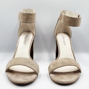 Jeffrey Campbell Lindsay Sandal Beige Suede Stacked Wooden Patterned Heel Sz 6.5